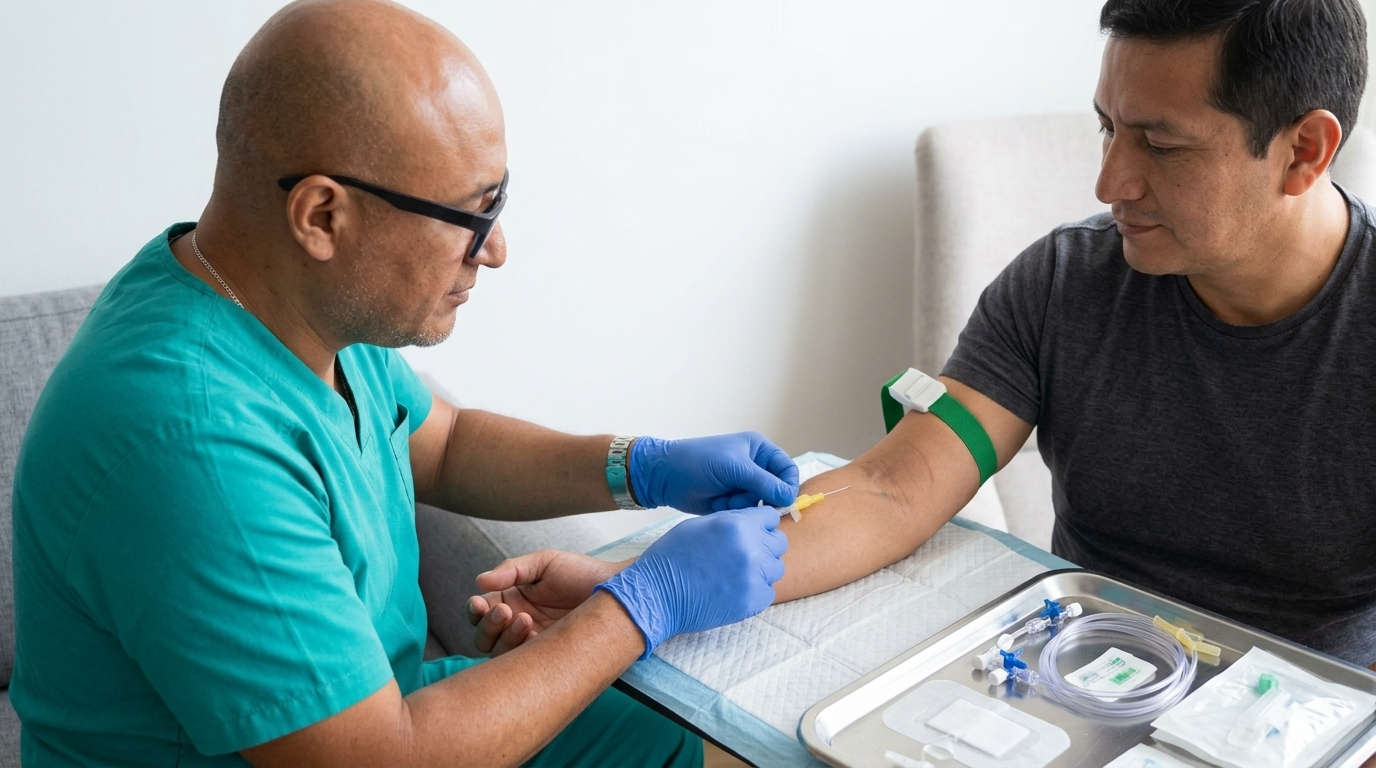 Enfermero colocando una vía endovenosa a un paciente a domicilio en San Miguel