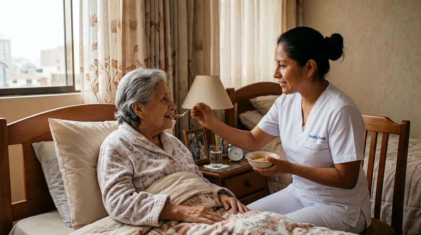 Técnica de enfermería asistiendo en la alimentación de una adulta mayor en cama durante su cuidado a domicilio en San Miguel