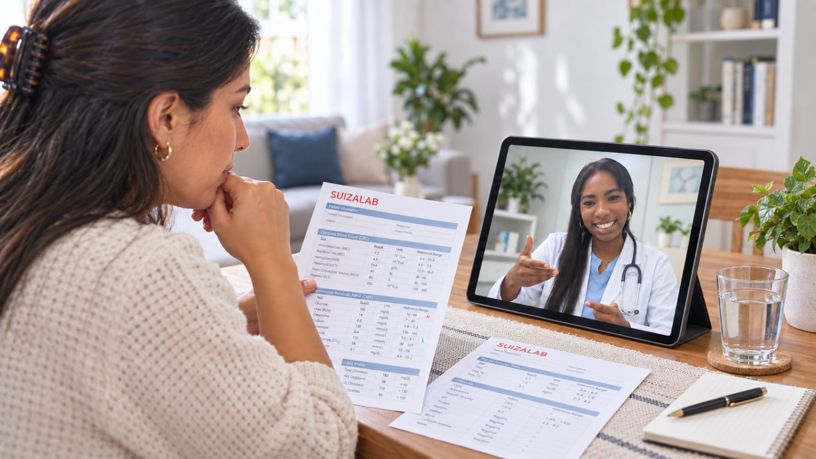 Doctora de Vitality interpretando análisis de laboratorio durante una consulta médica online